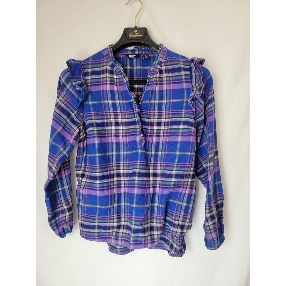 Lands' End Women's S Blue Purple Plaid Flannel Ruffle Sleeve V-Neck Blouse